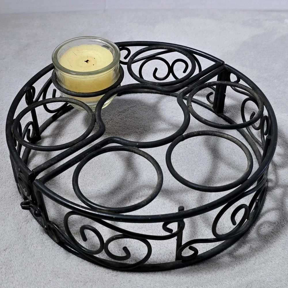 Vintage Black Metal 7-Candle Holder Folding Scrollwork Centerpiece